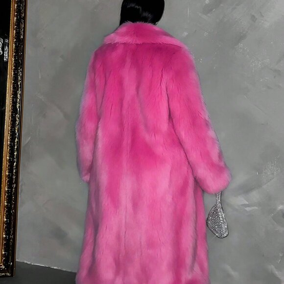 Hot Pink Casual Women's Plus Size Lapel Neck Loose Faux Fur Coat - Picture 2 of 6